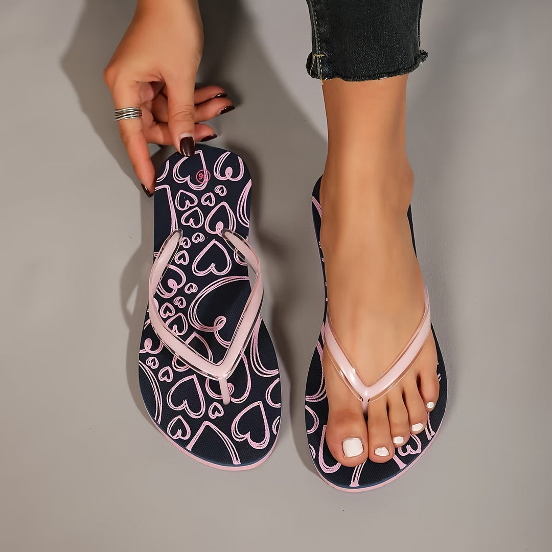 Women'S Fashionable Heart Print Flip-Flops, Casual Flat Printed EVA Summer Beach Sandals, Home And Outdoor Vacation Slippers.