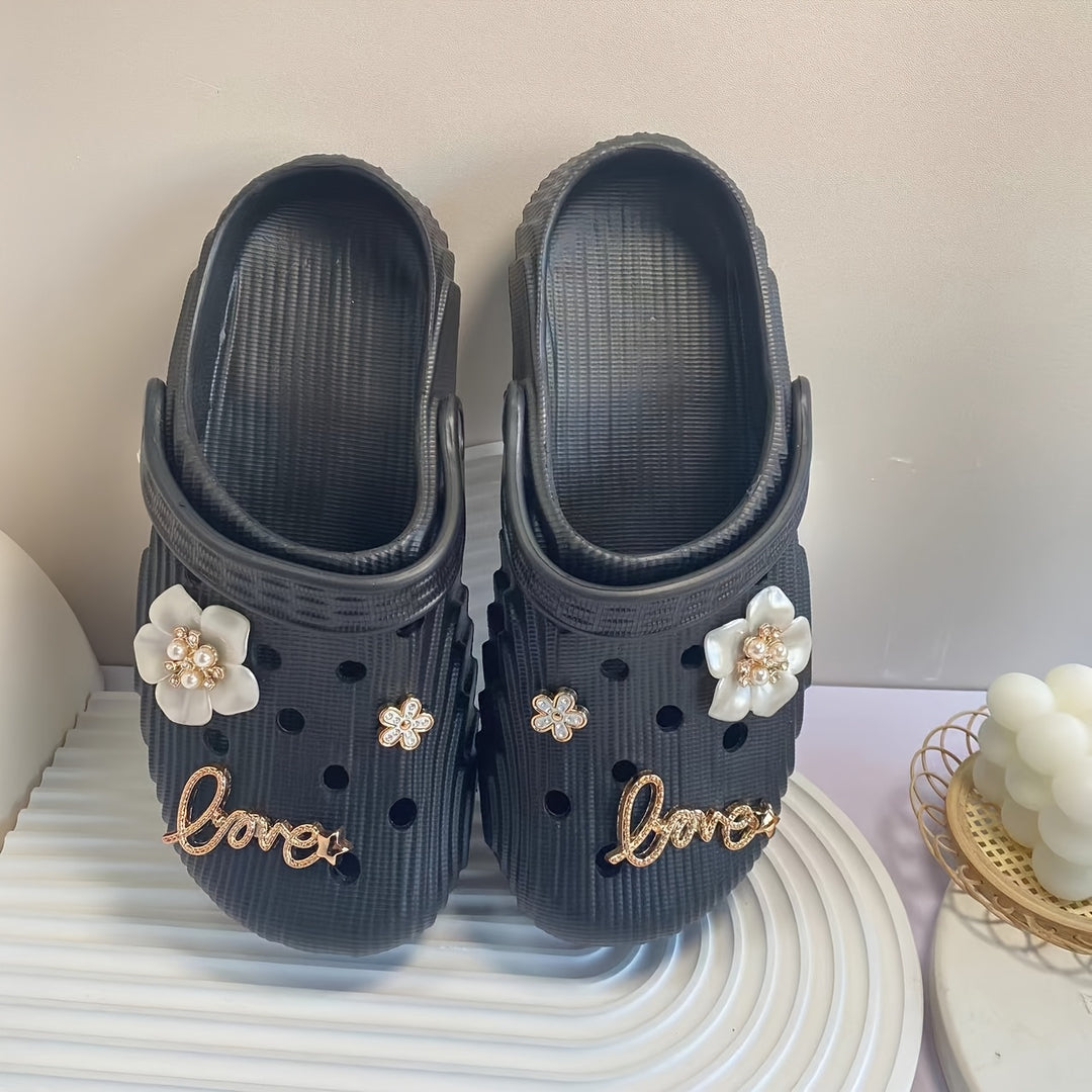 Women's Summer Fashion Clogs with Charms - Soft EVA Material, Comfortable Slip-On Design, Black & Cream Floral "Love" Accents, Indoor/Outdoor Casual Wear, Outdoor Sandals | Jeweled Sandals | Comfortable Design, Ladies Sandals