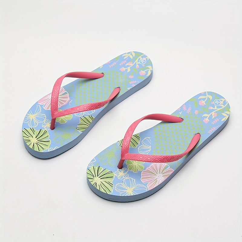 Women's Floral Pattern Flip Flops, Summer Beach Flat Slide Shoes, Lightweight Indoor & Outdoor Slides for Holiday