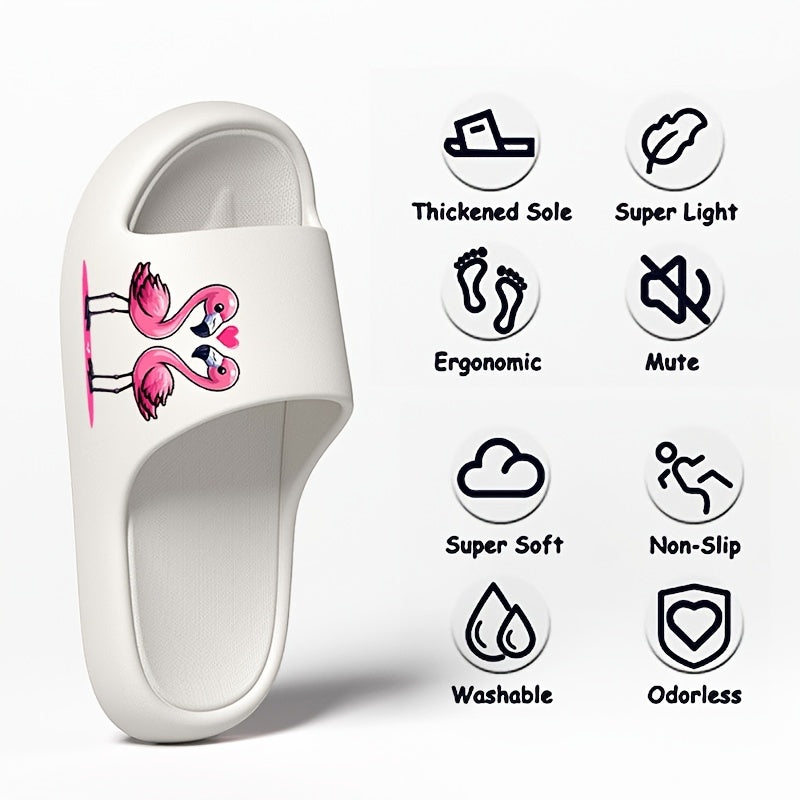 Women's Cute Pink Flamingo EVA Slides - Comfy Thick Sole Indoor Bathroom Shoes, Non-Slip & Odor-Resistant, Elegant Cartoon Design for Summer Home Use