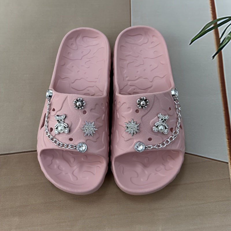 Women's Simple and Cute Solid Color Bear Silvery Chain Fashionable and Versatile Casual and Beautiful Refusal Wear-resistant and Anti-slip Daily Elegant and Sweet One-word Slippers for Walking in the Garden, Beach, Bathroom a
