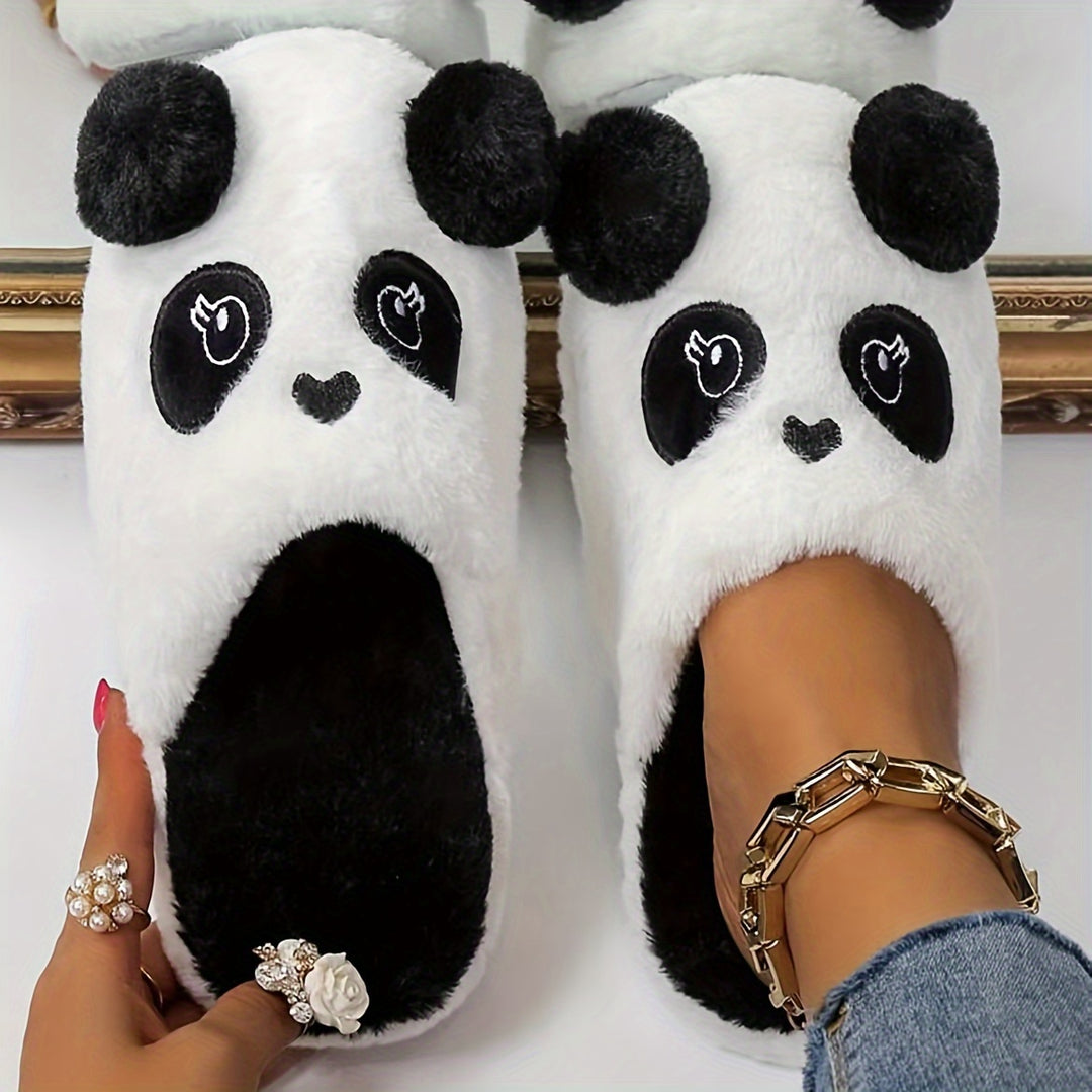 Cozy Panda Cartoon Plush Home Slippers for Men and Women - Soft Fabric, Black & White Design with Fluffy Ball Detail, TPR Sole, Hand Washable - Perfect for Winter Comfort, Cute Slippers