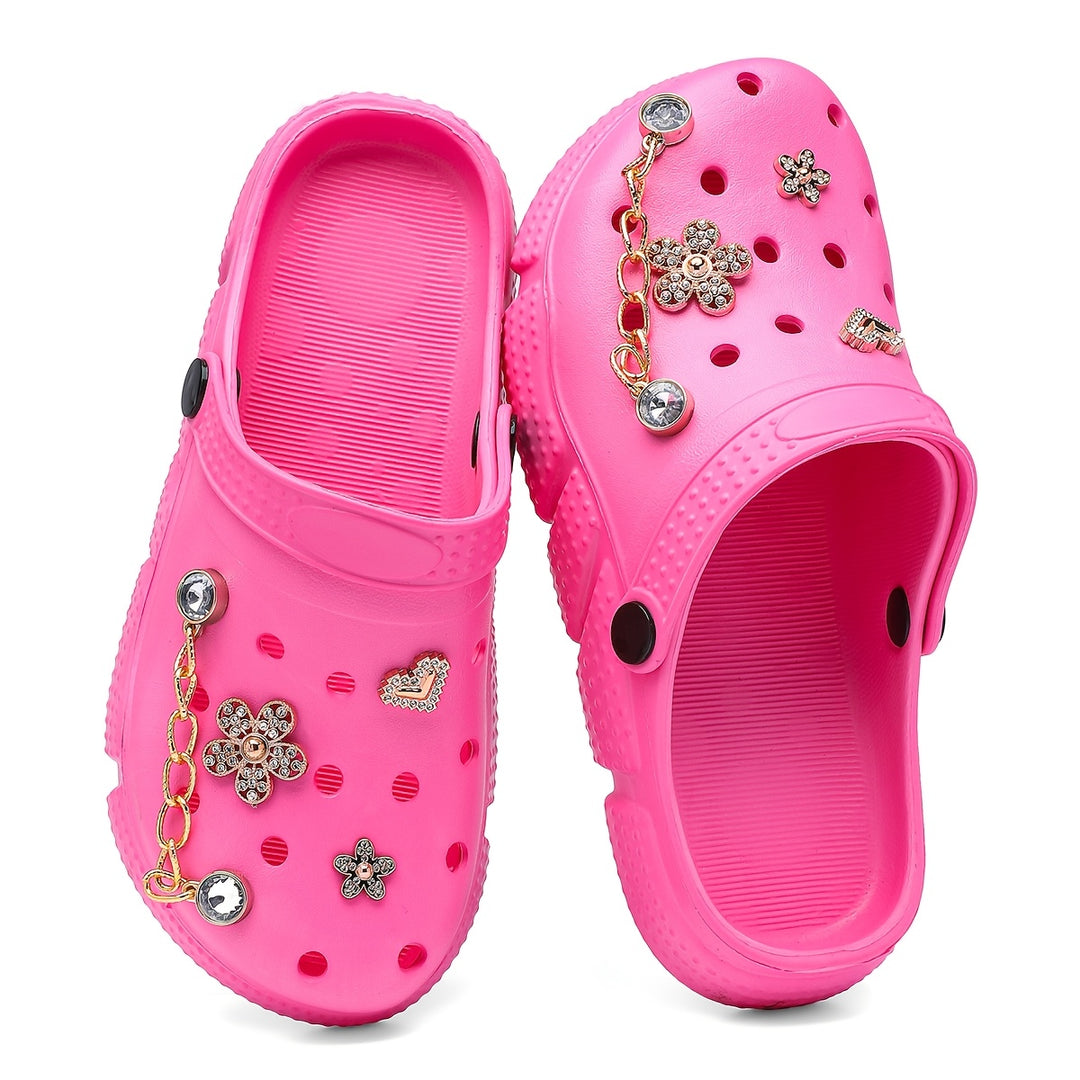 Women's Fashionable Pink Crocs with Floral Chain Accents - Breathable & Non-Slip EVA Garden Shoes, Comfortable Slip-On Beach & Pool Sandals, Durable Rubber Material, Ideal for All Seasons