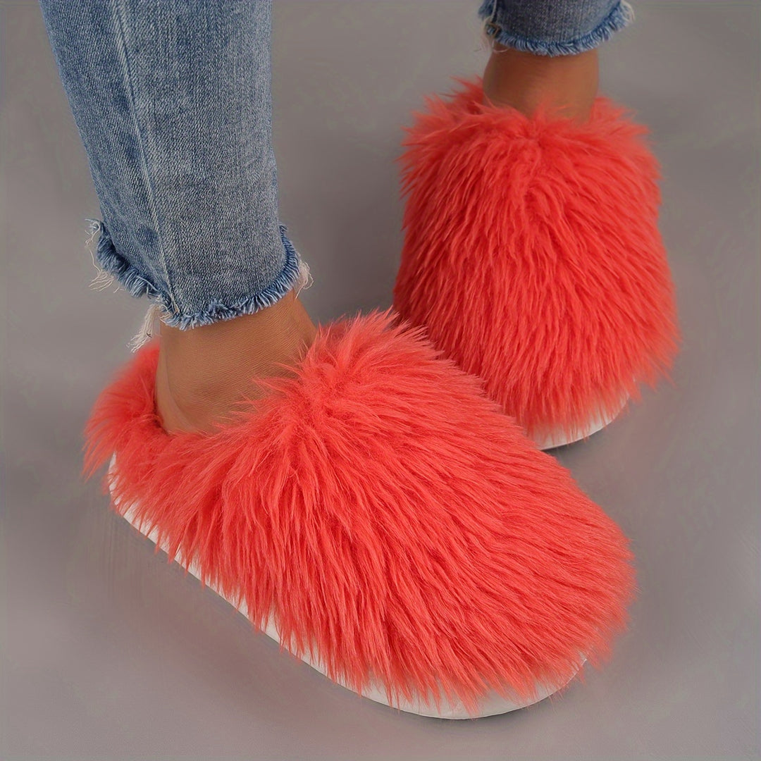 Elegant Solid Color Faux Fur Slippers, Winter Warmth Indoor Home Fashion Thick Sole Slip-on Shoes for Men and Women, Non-Slip Durable EVA Sole, Comfortable Fabric Upper & Inner, All-Season Cozy Plush Slides - Black/White/Grey