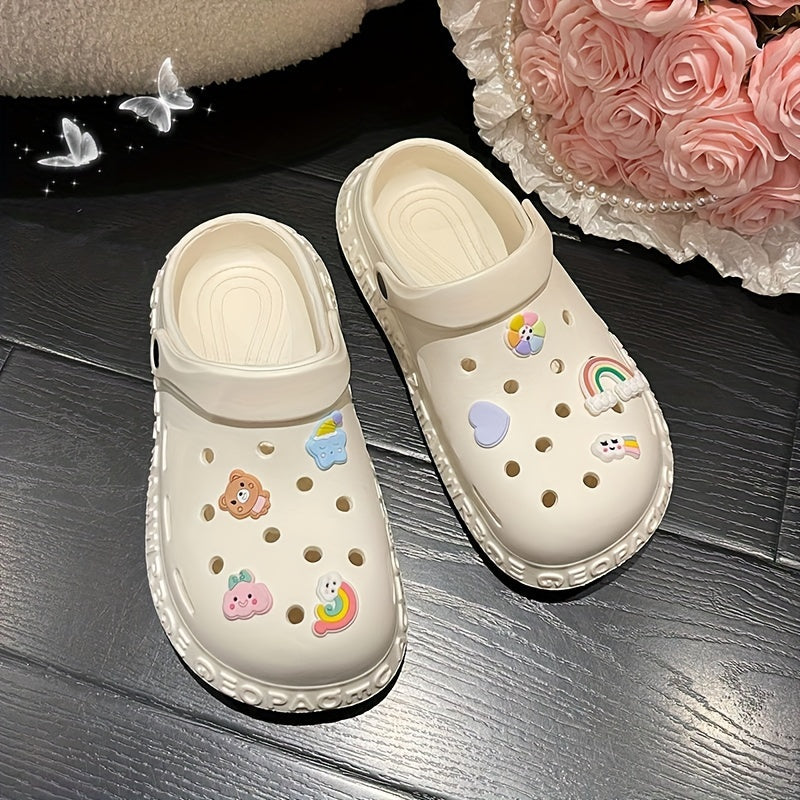 Women's Kawaii Dit Decor Clogs, Soft Sole Lightweight Closed Toe Beach Shoes, Breathable Hollow Out Garden Clogs