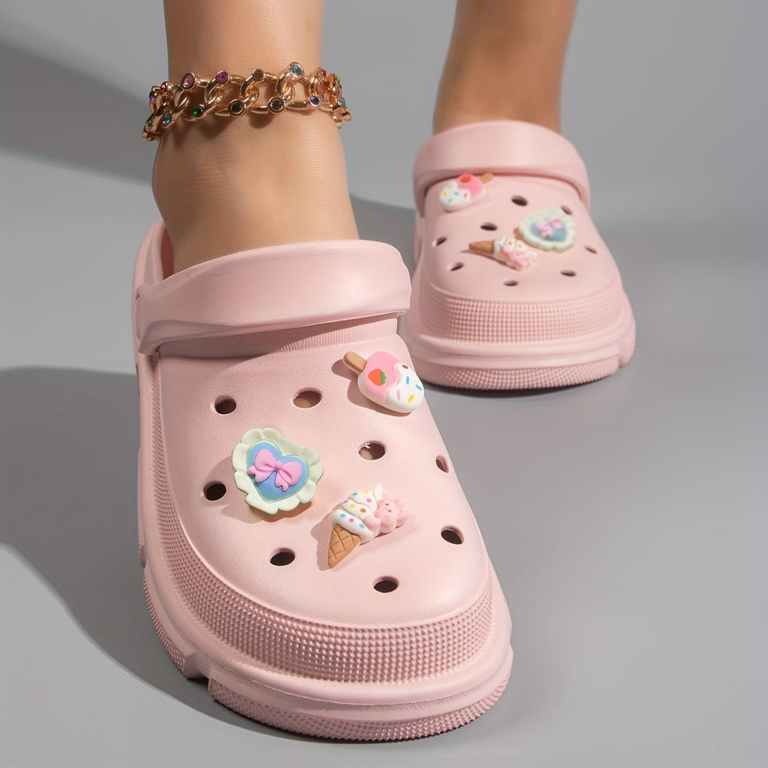 Women's Cute Cartoon Decor Clogs, Breathable Round Toe Slip On Shoes, Women's Comfortable Hole Shoes
