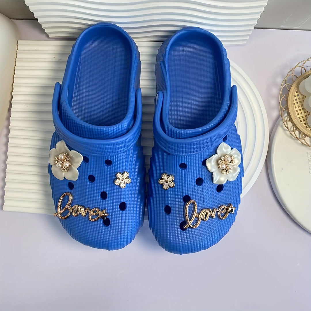 Women's Summer Fashion Clogs with Charms - Soft EVA Material, Comfortable Slip-On Design, Black & Cream Floral "Love" Accents, Indoor/Outdoor Casual Wear, Outdoor Sandals | Jeweled Sandals | Comfortable Design, Ladies Sandals