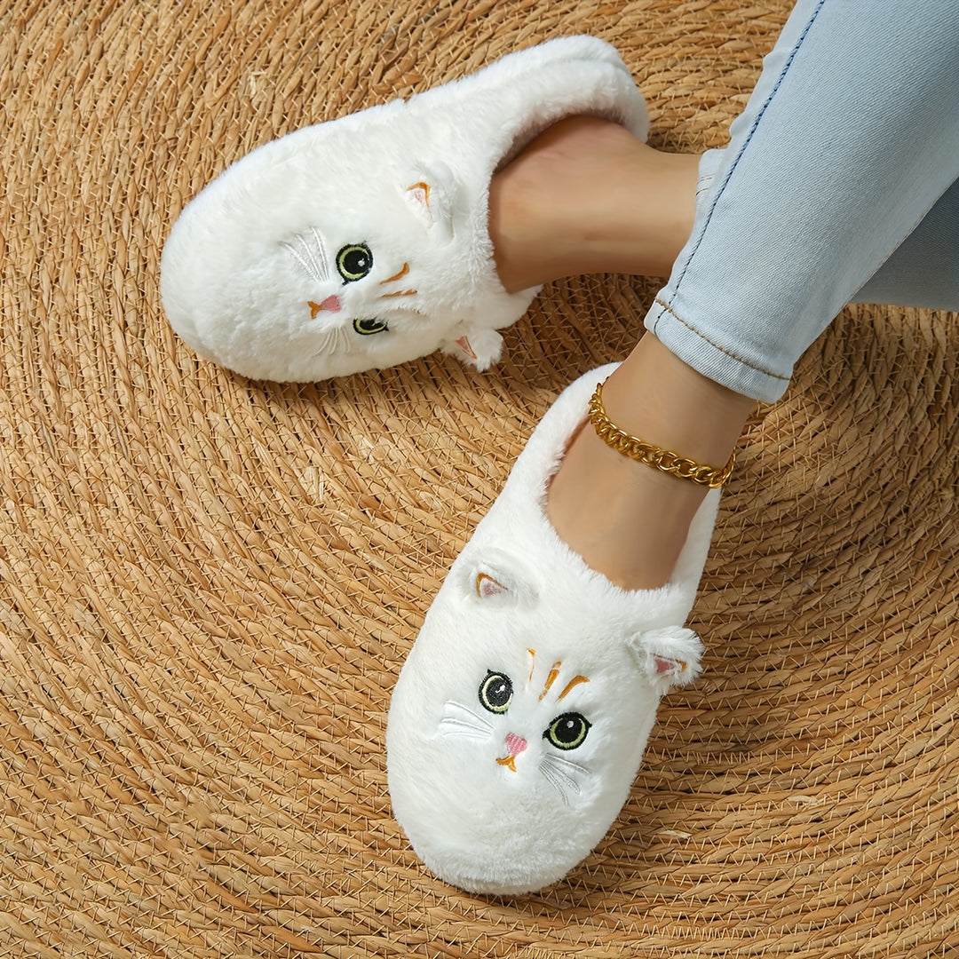 Women's Cute Cartoon Black Cat Slippers with Big Eyes and Ears, Soft Warm Non-slip Indoor House Slip-on Slippers with Fabric Upper, Inner, Insole and TPR Sole