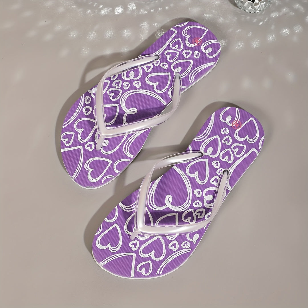 Women'S Fashionable Heart Print Flip-Flops, Casual Flat Printed EVA Summer Beach Sandals, Home And Outdoor Vacation Slippers.