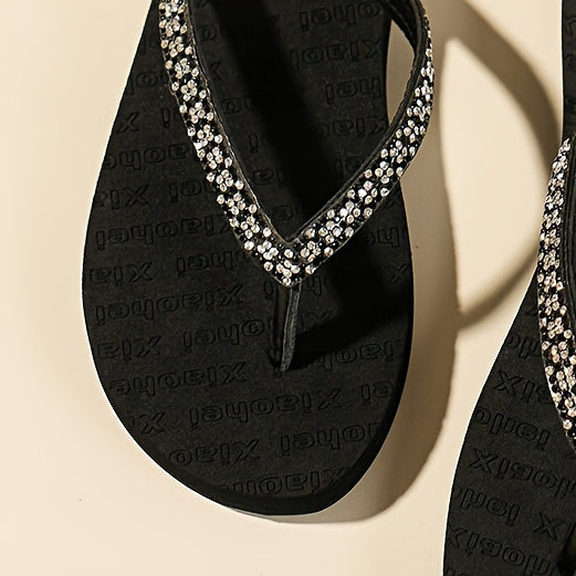 Women's Fashion Rhinestone-Embellished Flat Flip-Flops, Black Charming Beach Slides