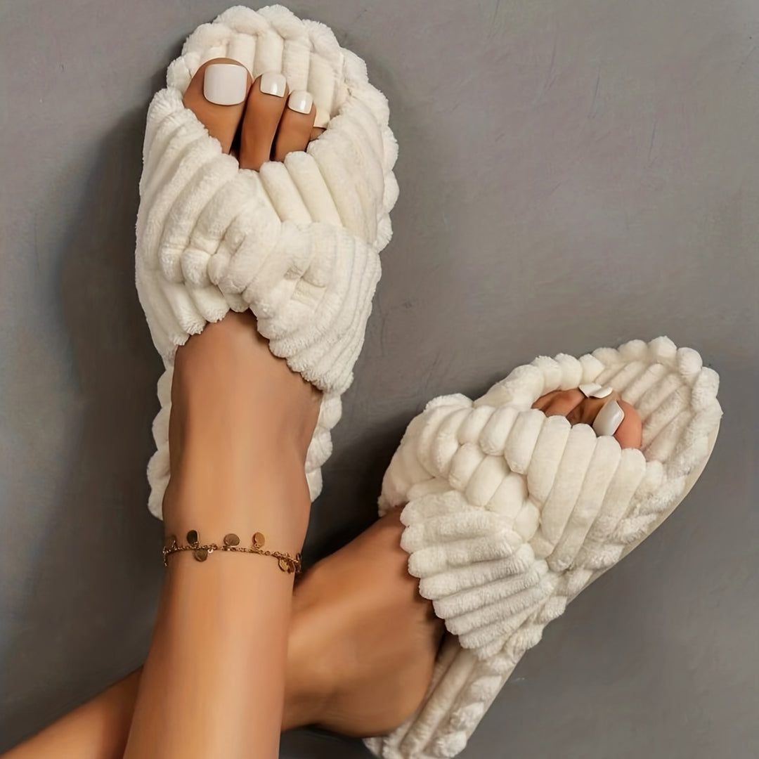 Women's Solid Color Home Slippers, Open Toe Cross Strap Bedroom Shoes, Comfortable Indoor Slippers