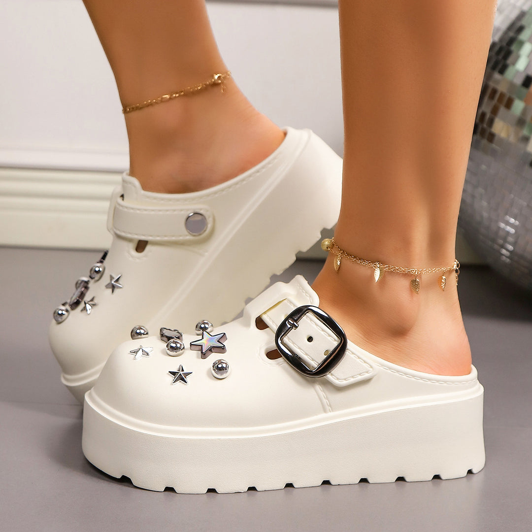 Women's Stylish White Platform Clogs with Metallic Star Accents, Adjustable Buckle Strap & Detachable Heel - Versatile Slip-On Wedge Sandals for Casual or Party Wear, Versatile Clogs | Glossy Finish Footwear | Durable Sandals