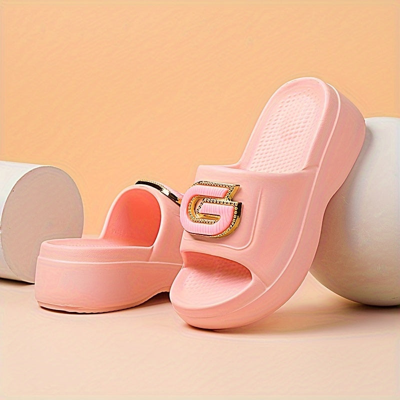 Stylish Women's Summer Platform Slide Sandals - Pink EVA Thick Sole with Metallic "G" Decor, Open Toe, Mid-Heel, Easy Slip-On, Hand Washable, Ladies Sandals