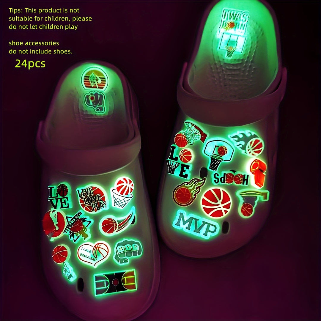 24pcs set of new luminous basketball sports series DIY shoe flower accessories buckle for hole shoes, beach sandals, removable 5D PVC shoe decoration buckle