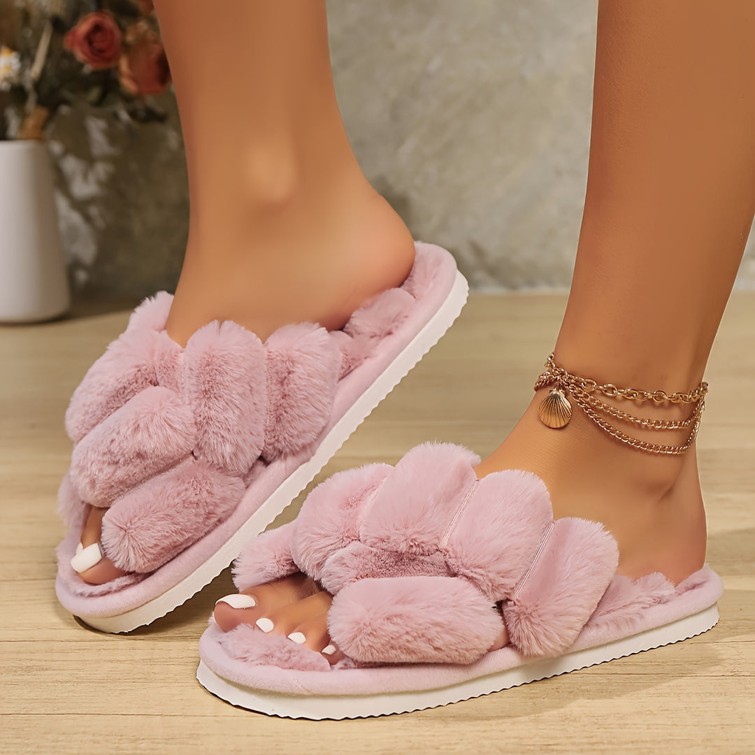 Cute Caterpillar-Shaped Open-Toe Cross-Strap Fuzzy Slippers for Women, Indoor Non-Slip Home Slippers with a Stylish And High-End Feel.