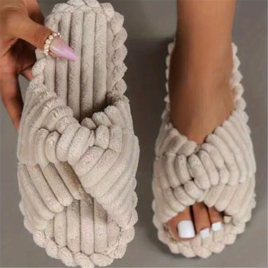 Women's Solid Color Home Slippers, Open Toe Cross Strap Bedroom Shoes, Comfortable Indoor Slippers