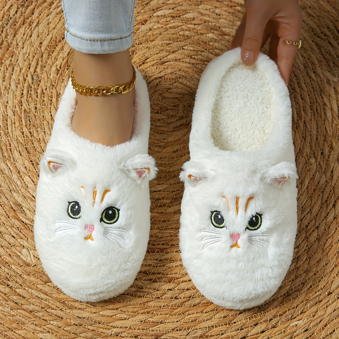 Women's Cute Cartoon Black Cat Slippers with Big Eyes and Ears, Soft Warm Non-slip Indoor House Slip-on Slippers with Fabric Upper, Inner, Insole and TPR Sole