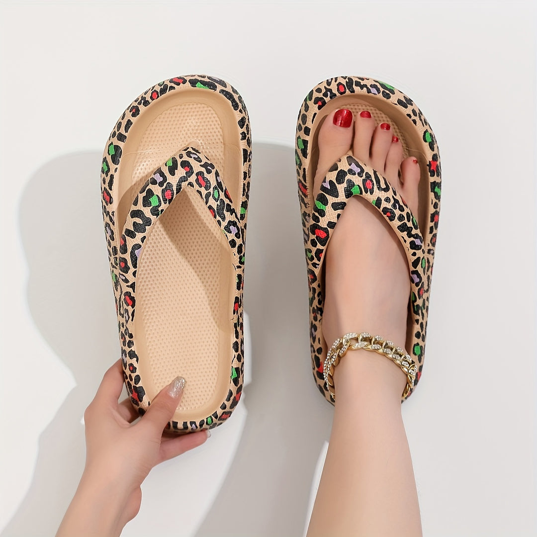 Leopard Print EVA Flip Flops, Fashion Soft Sole Wear-resistant Pillow Slides, Indoor & Outdoor Beach Shoes