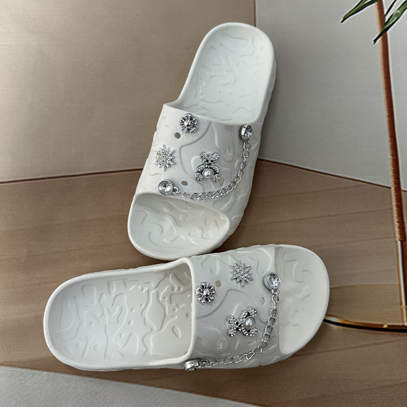 Women's Simple and Cute Solid Color Bear Silvery Chain Fashionable and Versatile Casual and Beautiful Refusal Wear-resistant and Anti-slip Daily Elegant and Sweet One-word Slippers for Walking in the Garden, Beach, Bathroom a