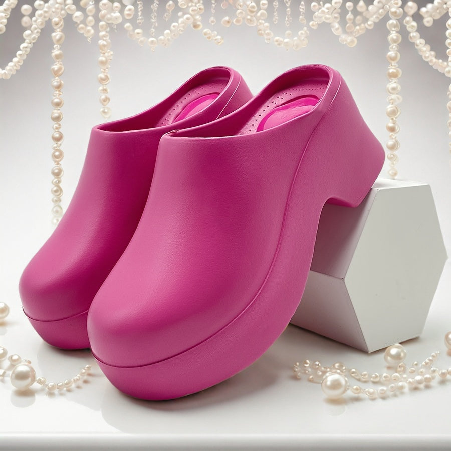 Minimalist EVA Heeled Mules for Women | All-Season Slip-On Round Toe Sandals with Mary-Jane Strap | Solid Color, Waterproof, Wear-Resistant, Mid-Heel Block with Cushioned Insole