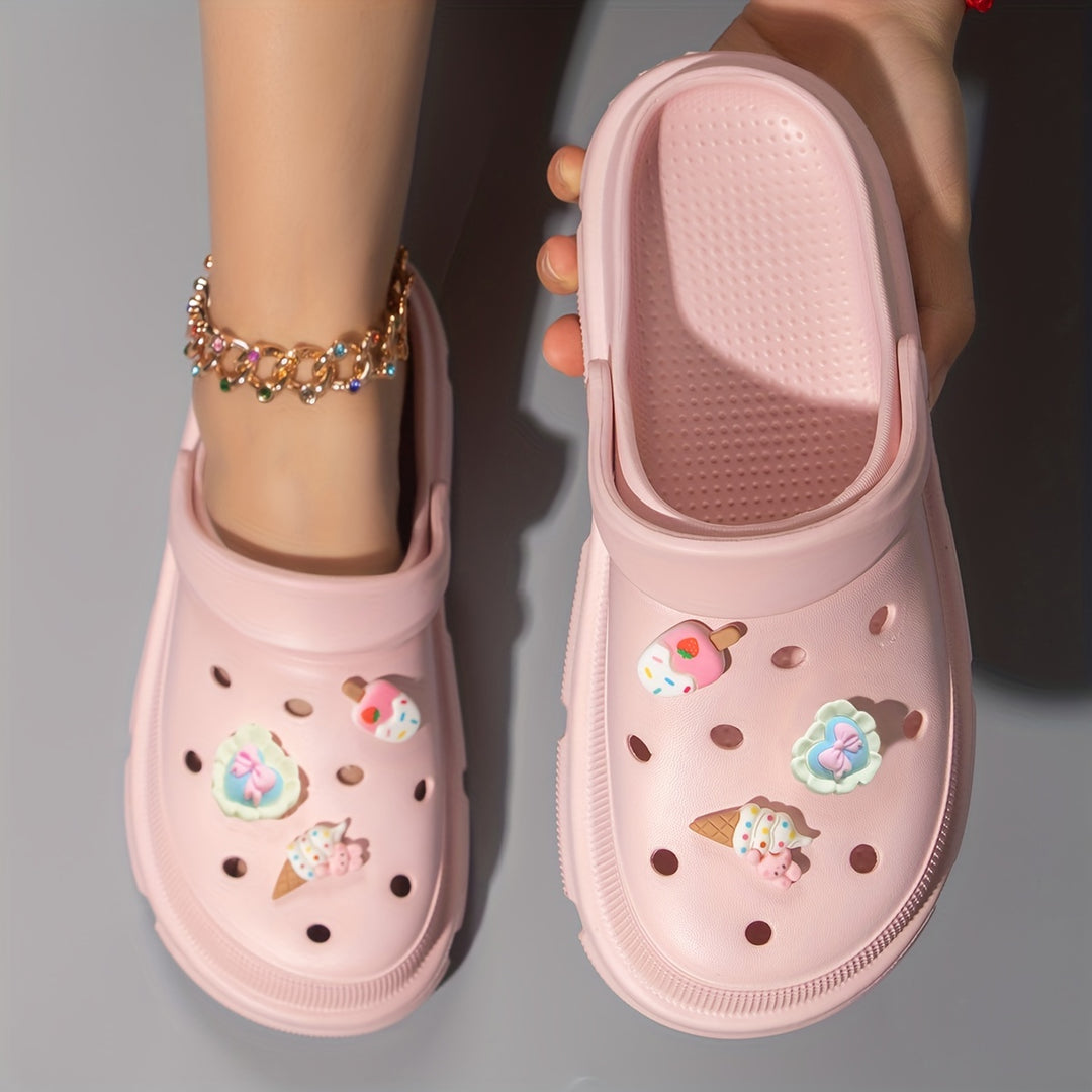 Women's Cute Cartoon Decor Clogs, Breathable Round Toe Slip On Shoes, Women's Comfortable Hole Shoes