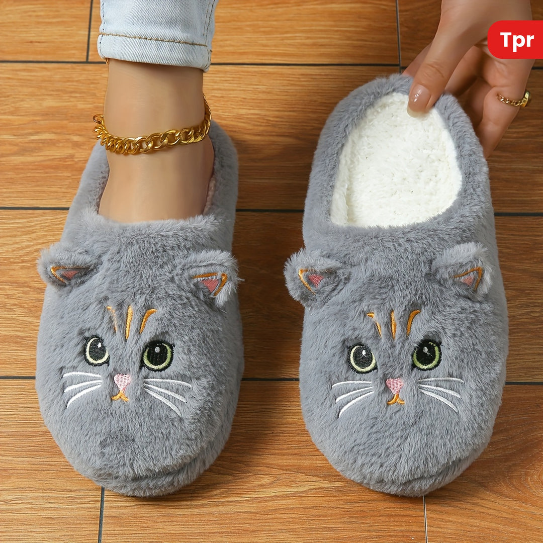 Women's Cute Cartoon Black Cat Slippers with Big Eyes and Ears, Soft Warm Non-slip Indoor House Slip-on Slippers with Fabric Upper, Inner, Insole and TPR Sole