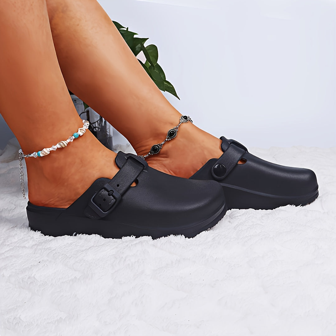 Women's Solid Color Clogs, Casual Buckle Strap Design Flat Shoes, Comfortable Slip On Shoes