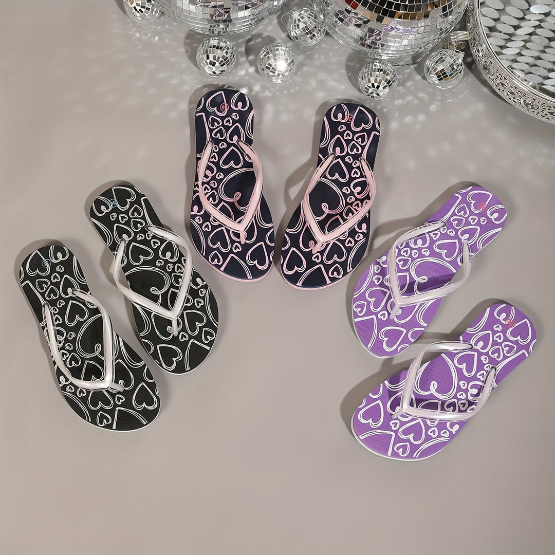 Women'S Fashionable Heart Print Flip-Flops, Casual Flat Printed EVA Summer Beach Sandals, Home And Outdoor Vacation Slippers.
