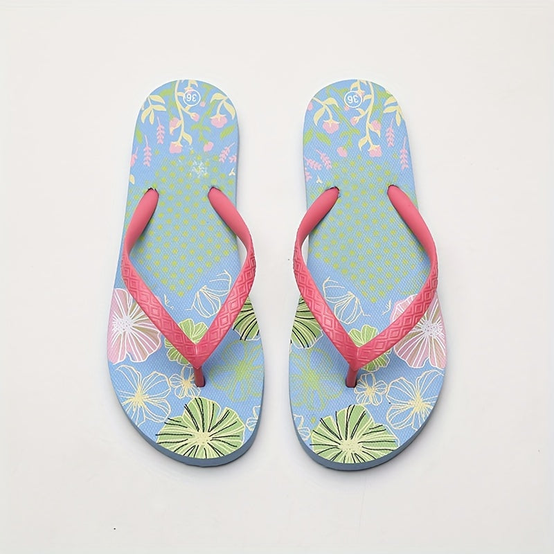 Women's Floral Pattern Flip Flops, Summer Beach Flat Slide Shoes, Lightweight Indoor & Outdoor Slides for Holiday