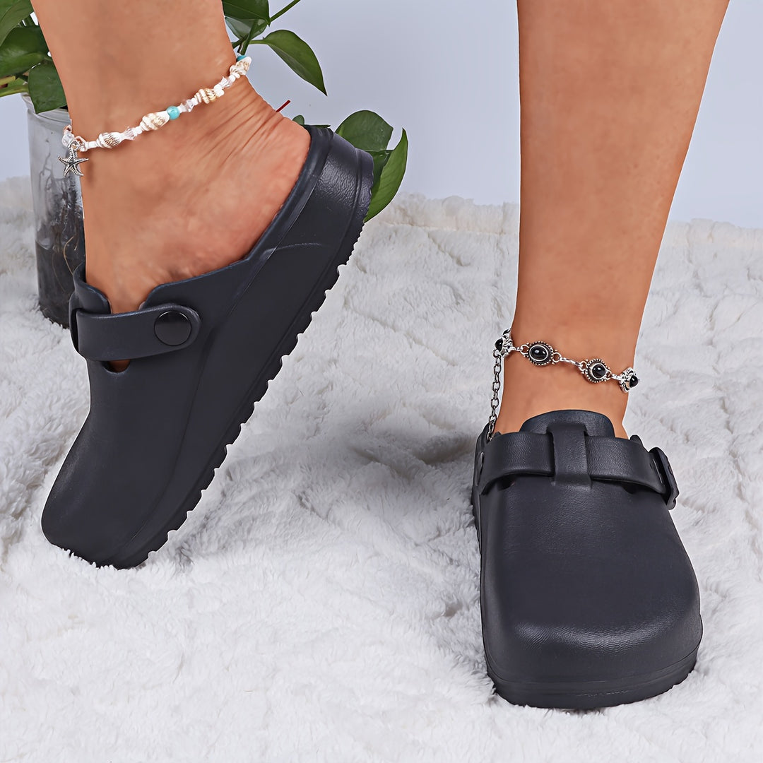 Women's Solid Color Clogs, Casual Buckle Strap Design Flat Shoes, Comfortable Slip On Shoes