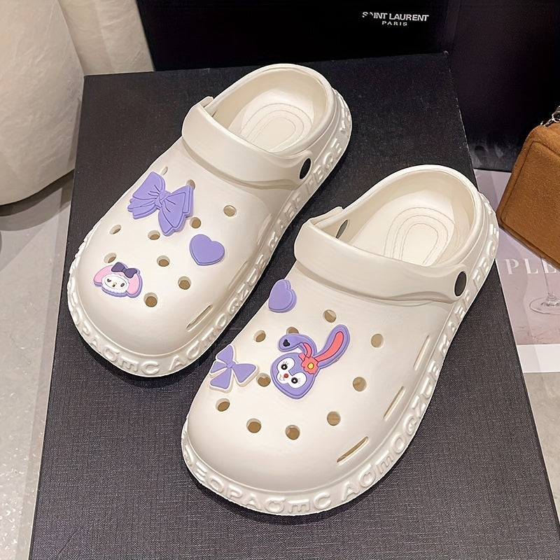 Women's Kawaii Dit Decor Clogs, Soft Sole Lightweight Closed Toe Beach Shoes, Breathable Hollow Out Garden Clogs