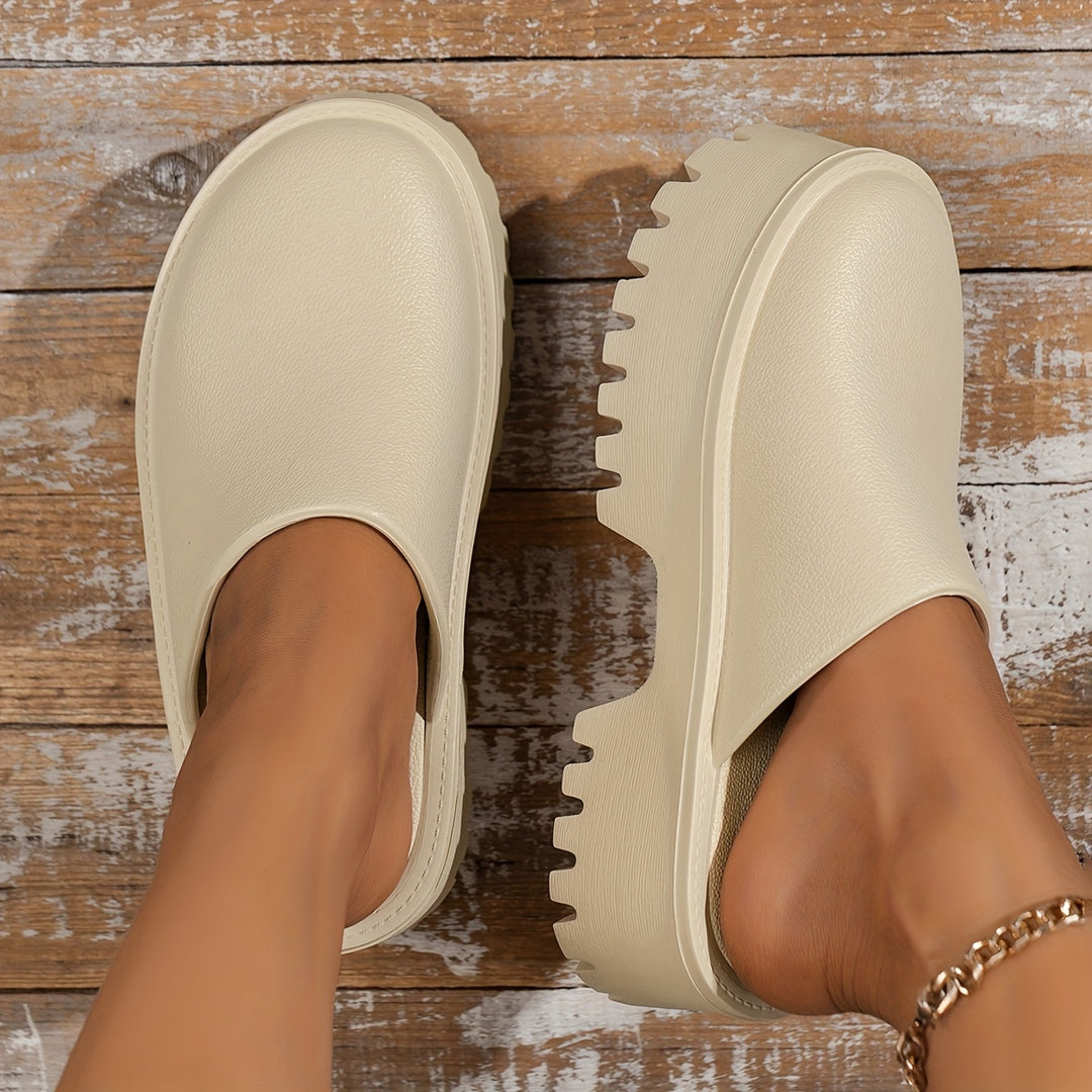 [Outdoor Adventures] Women's Stylish Beige Slip-On Platform Sandals - Waterproof, Non-Slip Thick Sole, Round Toe EVA Material, All-Season Comfort Shoes for Outdoor Wear, Versatile Comfort Shoes | Chic Slipon Sandals | EVA Mat