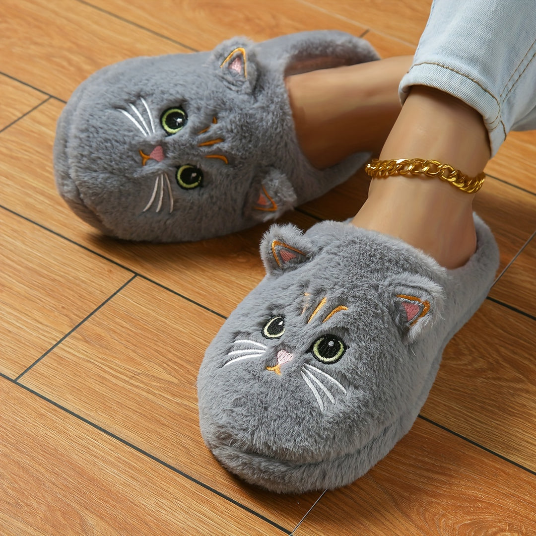 Women's Cute Cartoon Black Cat Slippers with Big Eyes and Ears, Soft Warm Non-slip Indoor House Slip-on Slippers with Fabric Upper, Inner, Insole and TPR Sole