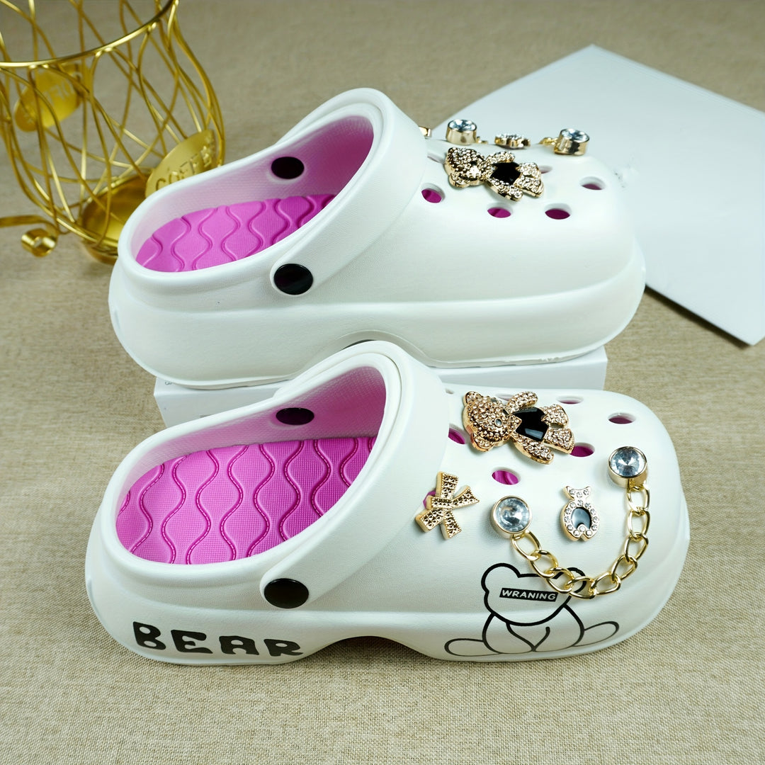 Stylish Black & Golden Women’s Clogs with Bear Charm & Chain Detail - Breathable, Non-Slip, Comfortable EVA Garden Shoes for All Seasons, Hand Wash or Dry Clean