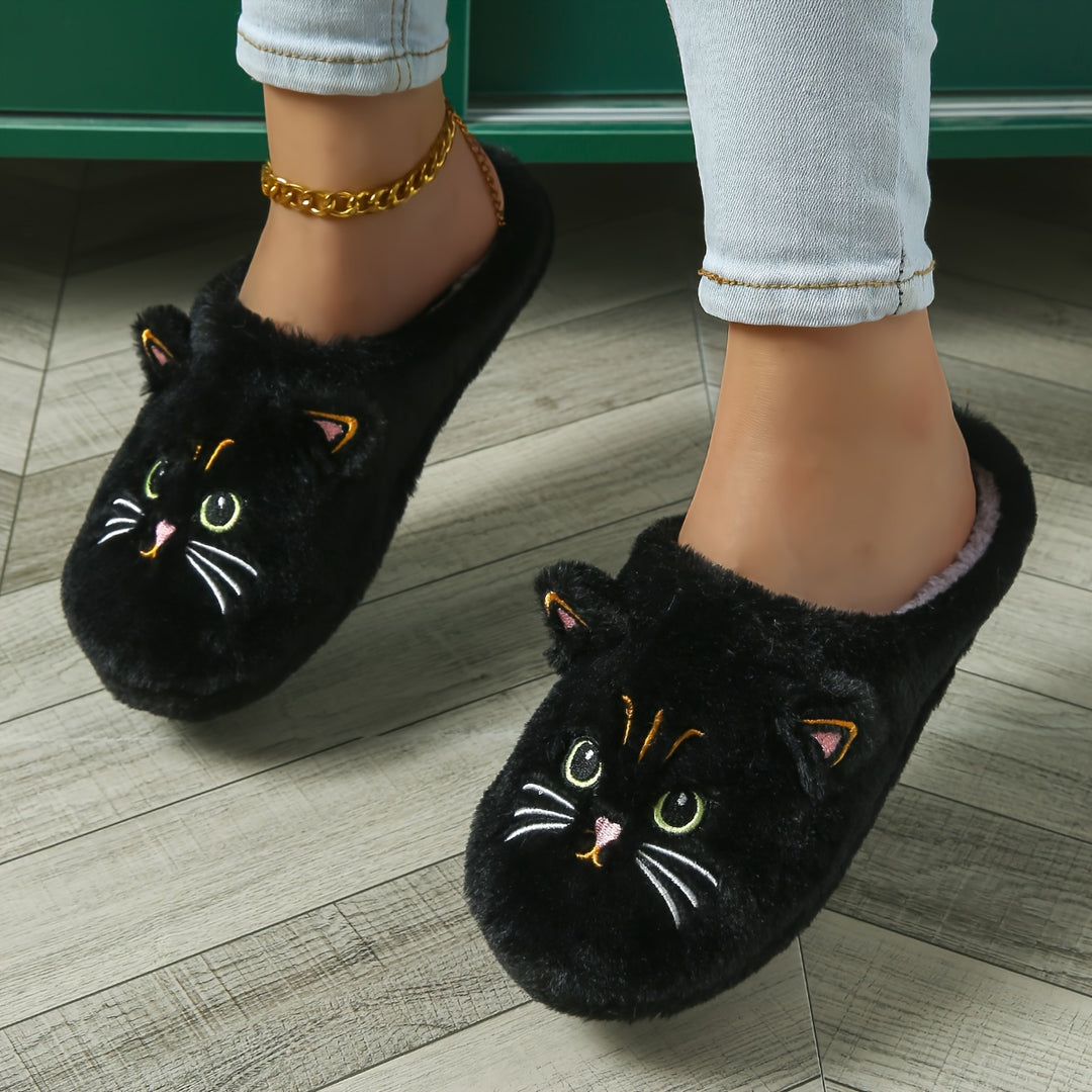 Women's Cute Cartoon Black Cat Slippers with Big Eyes and Ears, Soft Warm Non-slip Indoor House Slip-on Slippers with Fabric Upper, Inner, Insole and TPR Sole