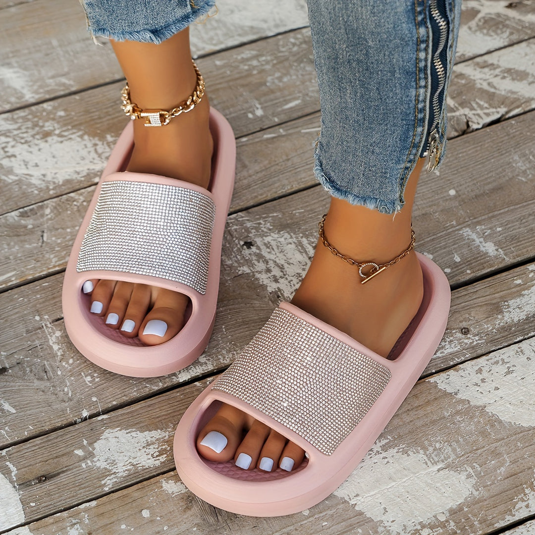 Women's Sparkling Rhinestone Pink Slides - Non-Slip, Durable EVA Material, Open-Toe Indoor/Outdoor Slippers with Soft Sole - Retro Fashion, All-Season Comfort, Casual Slippers | Open Toe Slippers | EVA Sandals