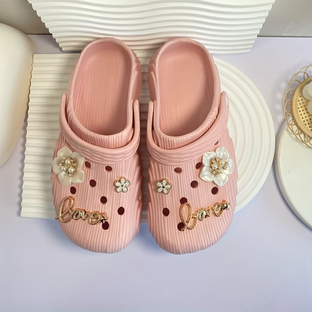 Women's Summer Fashion Clogs with Charms - Soft EVA Material, Comfortable Slip-On Design, Black & Cream Floral "Love" Accents, Indoor/Outdoor Casual Wear, Outdoor Sandals | Jeweled Sandals | Comfortable Design, Ladies Sandals