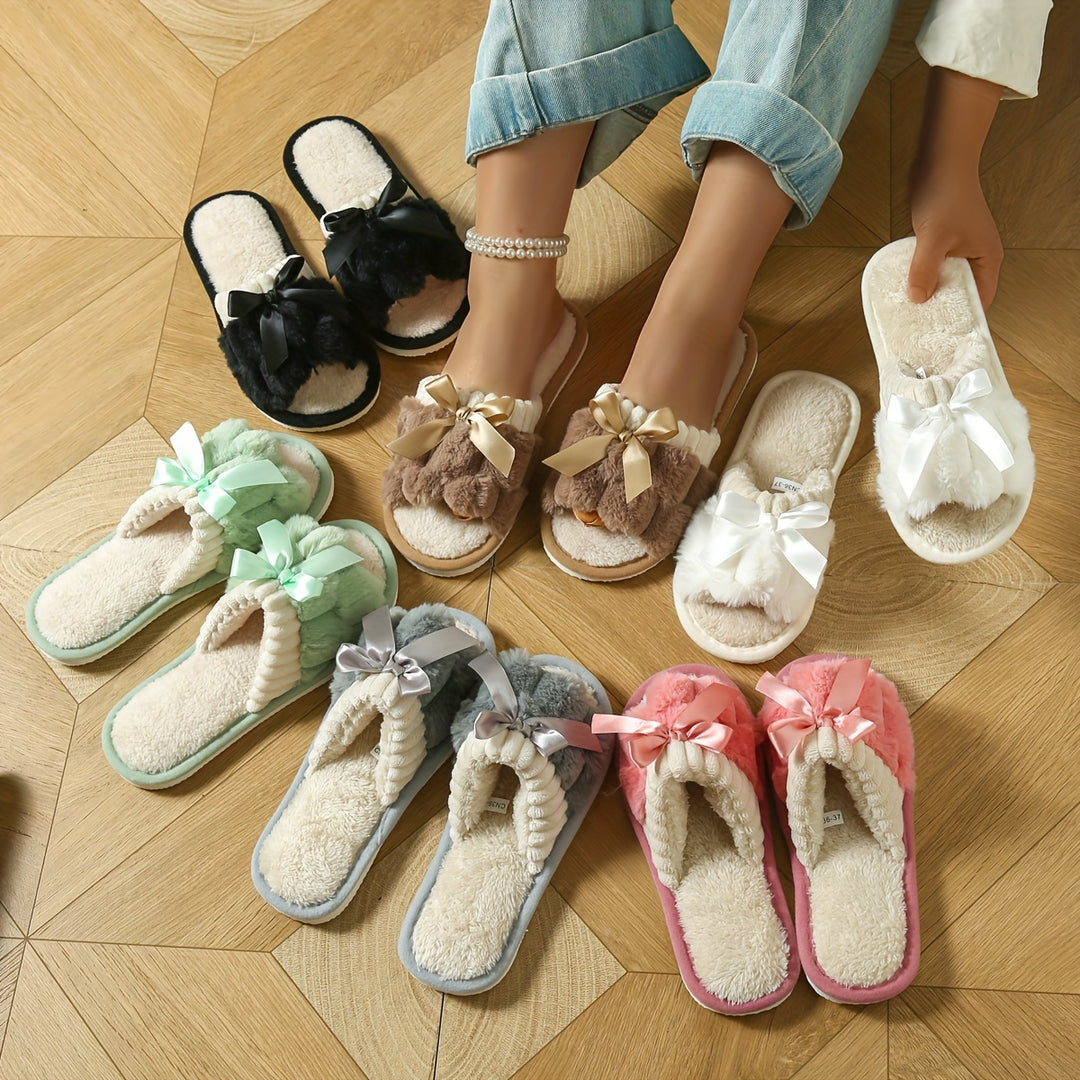 Warm Bowknot Decor Slippers, Casual Open Toe Plush Shoes, Comfortable Indoor Home Slippers