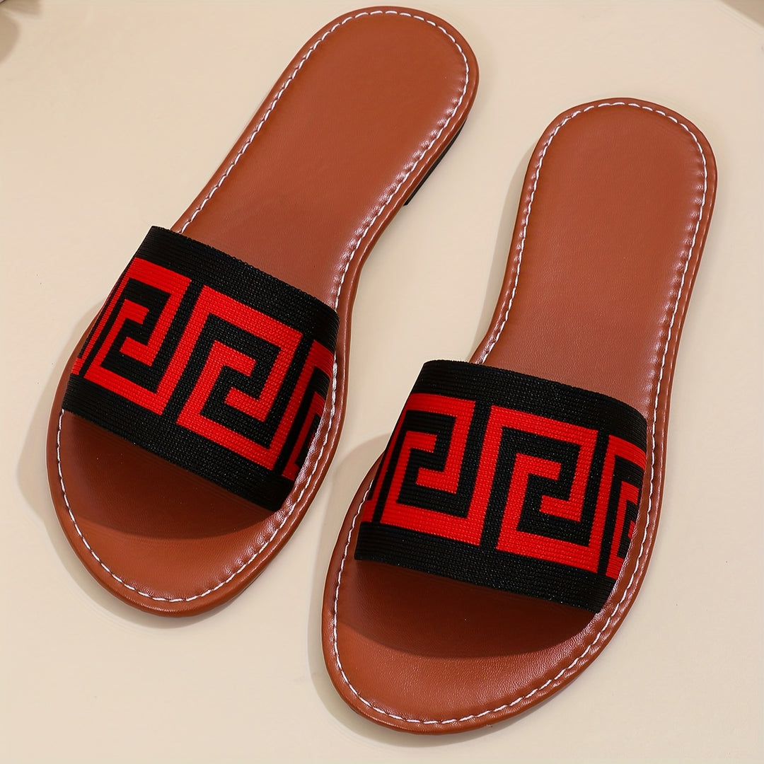 [Summer Slipon] Chic Women's Slide Sandals - Casual Open-Toe Flats with Geometric Pattern, Breathable Knit Upper & Faux Cover Insole, Rubber Sole - Easy Slip-On, Perfect for Summer