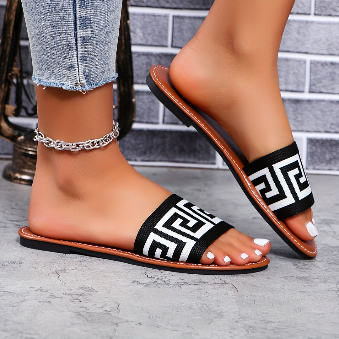 [Summer Slipon] Chic Women's Slide Sandals - Casual Open-Toe Flats with Geometric Pattern, Breathable Knit Upper & Faux Cover Insole, Rubber Sole - Easy Slip-On, Perfect for Summer