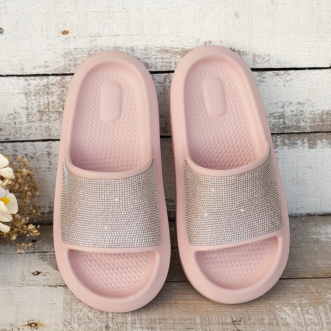 Women's Sparkling Rhinestone Pink Slides - Non-Slip, Durable EVA Material, Open-Toe Indoor/Outdoor Slippers with Soft Sole - Retro Fashion, All-Season Comfort, Casual Slippers | Open Toe Slippers | EVA Sandals