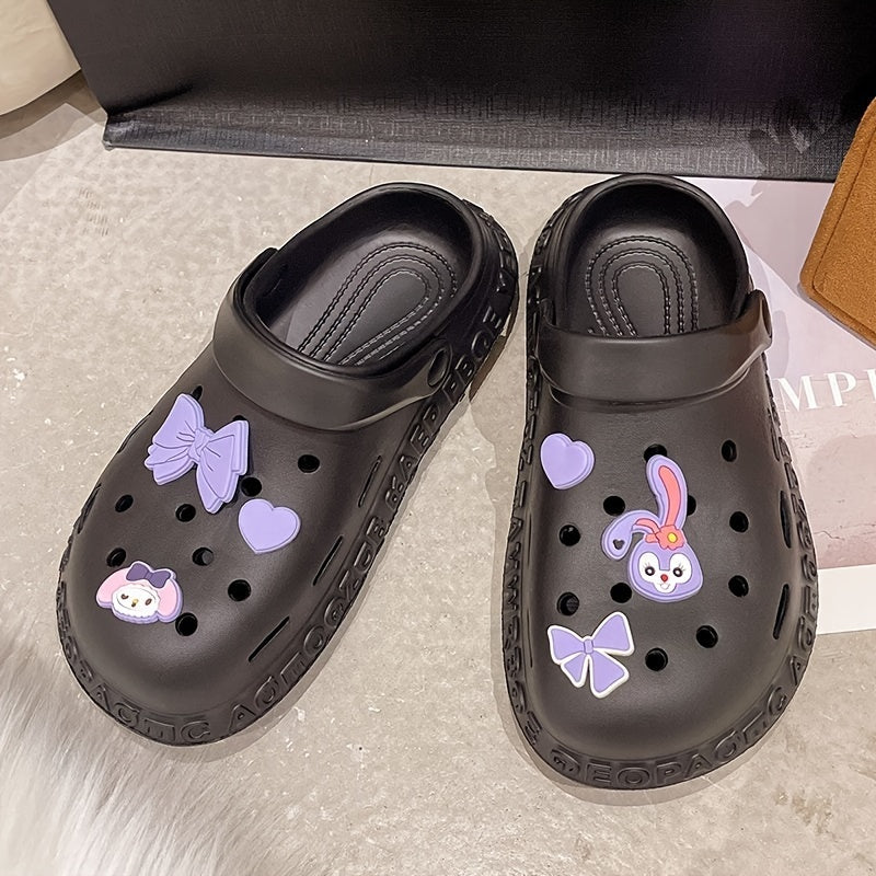 Women's Kawaii Dit Decor Clogs, Soft Sole Lightweight Closed Toe Beach Shoes, Breathable Hollow Out Garden Clogs