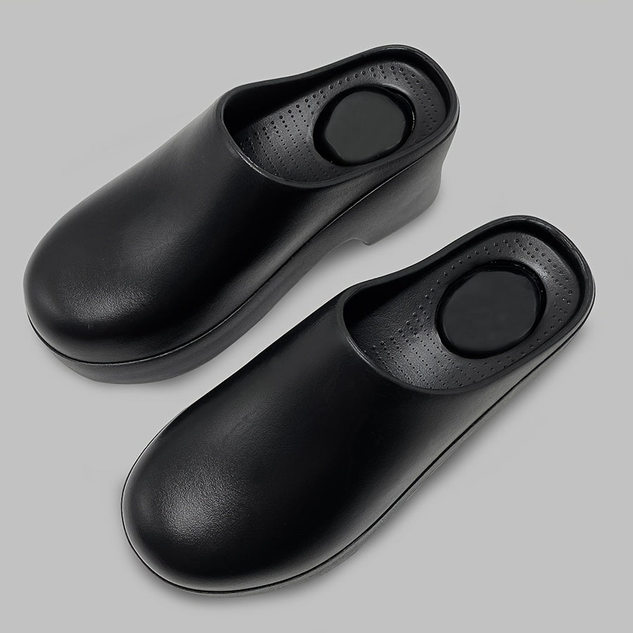 Minimalist EVA Heeled Mules for Women | All-Season Slip-On Round Toe Sandals with Mary-Jane Strap | Solid Color, Waterproof, Wear-Resistant, Mid-Heel Block with Cushioned Insole
