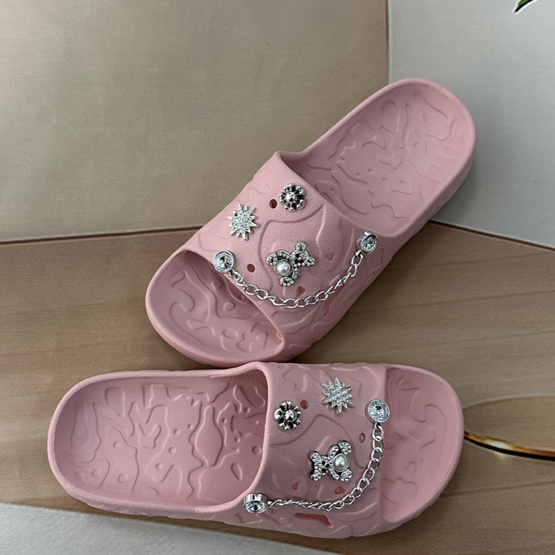 Women's Simple and Cute Solid Color Bear Silvery Chain Fashionable and Versatile Casual and Beautiful Refusal Wear-resistant and Anti-slip Daily Elegant and Sweet One-word Slippers for Walking in the Garden, Beach, Bathroom a