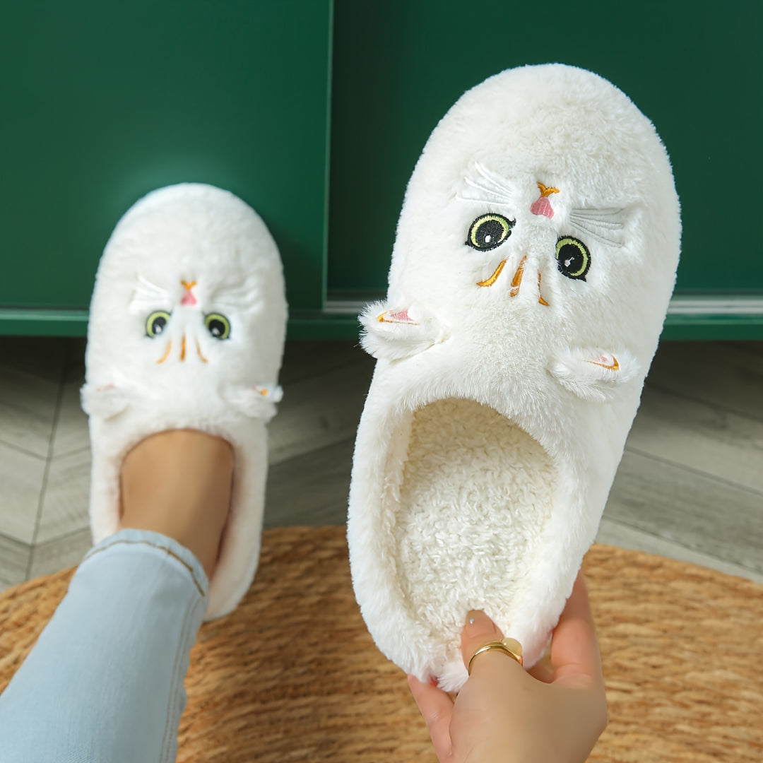 Women's Cute Cartoon Black Cat Slippers with Big Eyes and Ears, Soft Warm Non-slip Indoor House Slip-on Slippers with Fabric Upper, Inner, Insole and TPR Sole