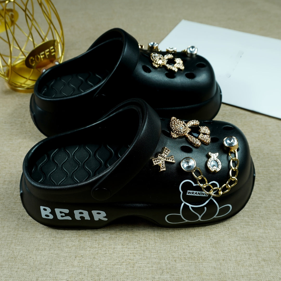 Stylish Black & Golden Women’s Clogs with Bear Charm & Chain Detail - Breathable, Non-Slip, Comfortable EVA Garden Shoes for All Seasons, Hand Wash or Dry Clean