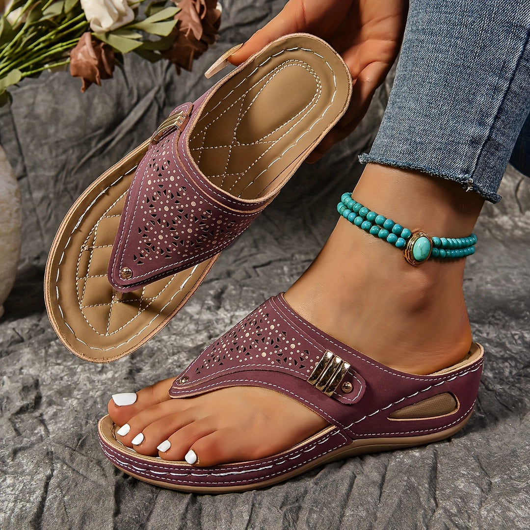 Women's Comfort Arch Support Slides, Rubber Sole Flat Heel, PU Insole & Upper, Round Toe Slip-On Sandals with Geometric Cut-Outs, Casual All-Match, Outdoor Slipper Shoes